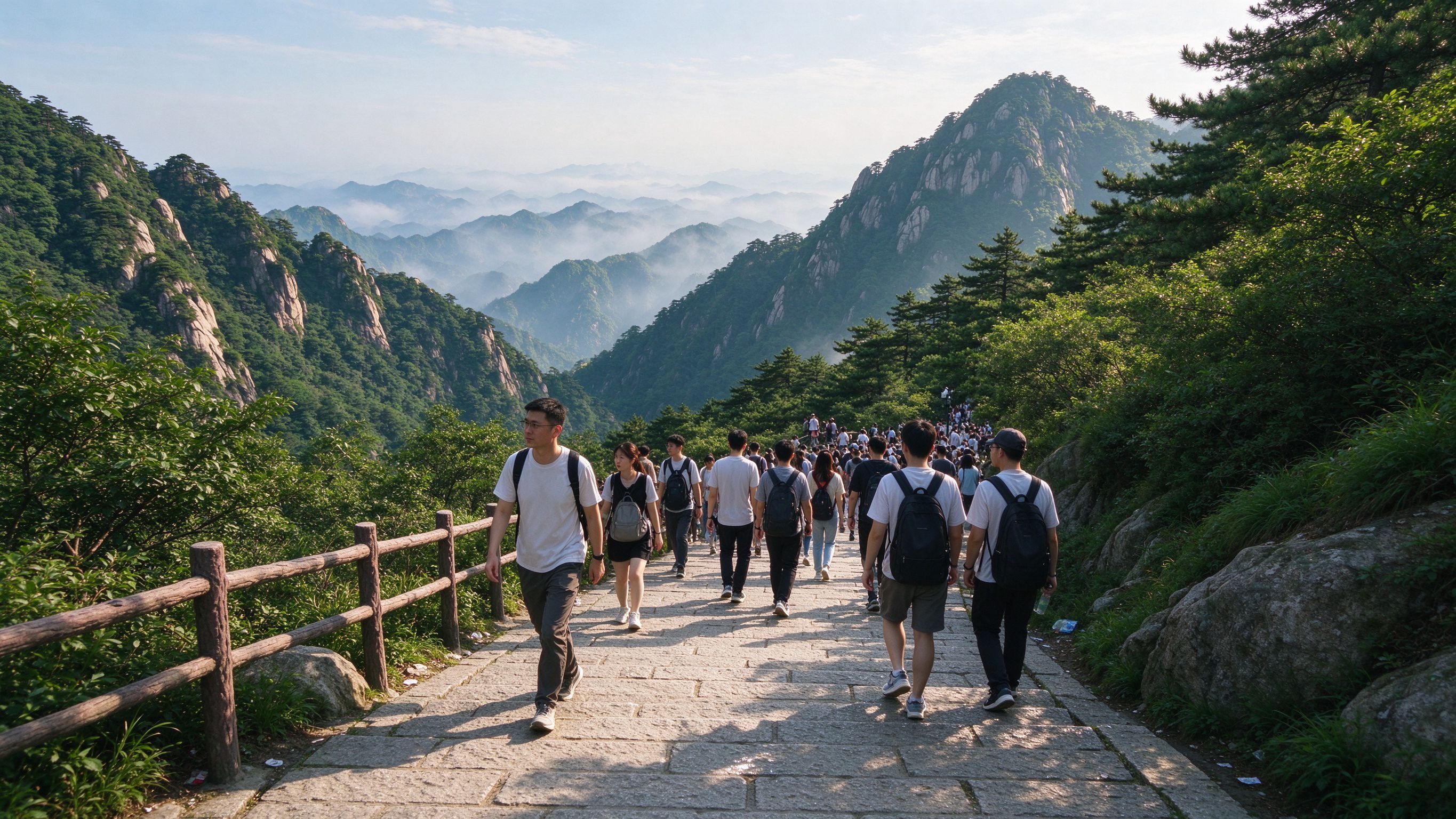 山岳景区步道游客登山实景