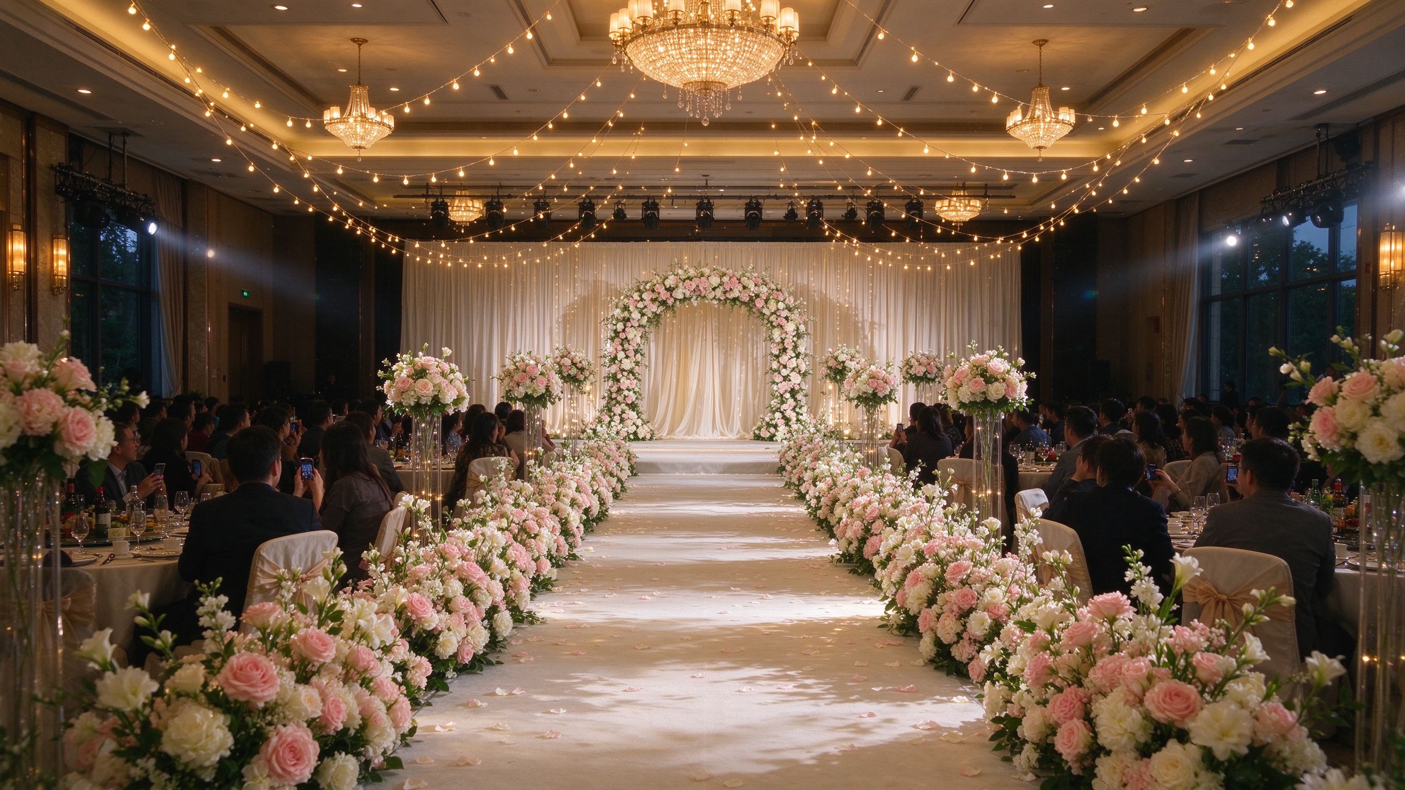 婚礼宴会厅 T 台两侧花艺路引，宾客观礼